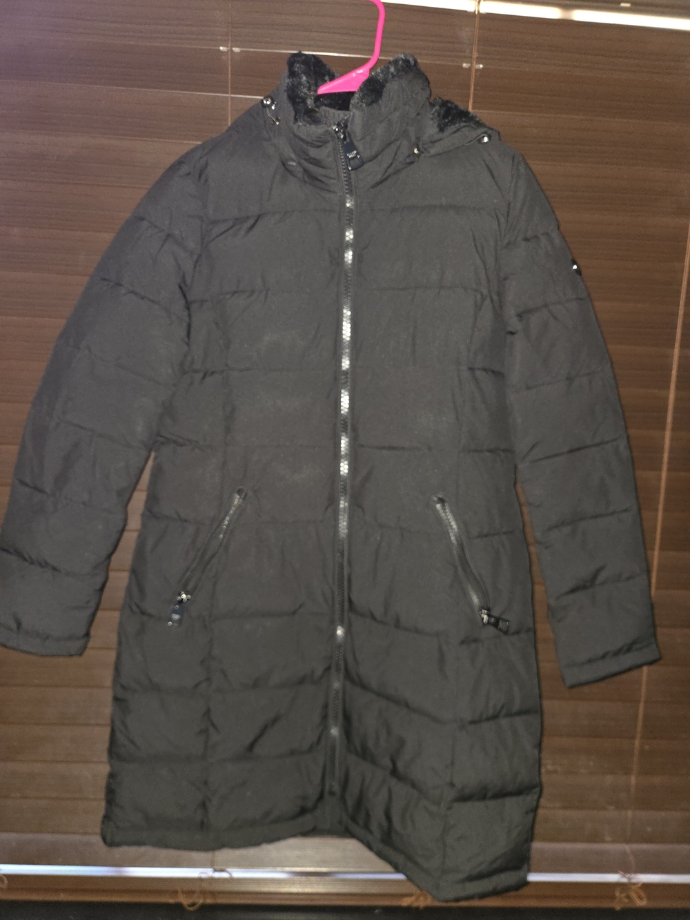 Andrew Marc Black Long Quilted Puffer Coat with Faux Fur Collar